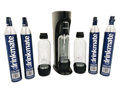 Drinkmate OmniFizz Value Pack - Sparkling Water and Soda Maker, 1L PET Bottles Twin Pack and CO2 Cylinder 4 Pack.