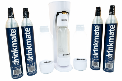 Drinkmate OmniFizz Value Pack - Sparkling Water and Soda Maker, 1L PET Bottles Twin Pack and CO2 Cylinder 4 Pack.