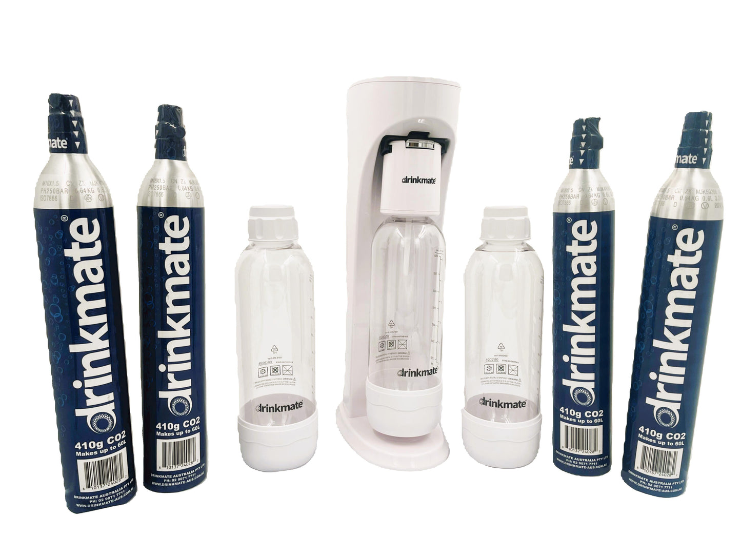 Drinkmate OmniFizz Value Pack -  Sparkling Water and Soda Maker, 1L PET Bottles Twin Pack and CO2 Cylinder 4 Pack.